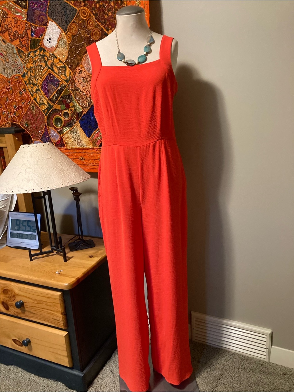 RACHEL Rachel Roy Coral-Red Square Neck Wide-Leg Jumpsuit